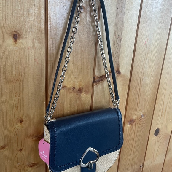 Kate Spade Robyn Straw & Leather Crossbody/Saddle Bag Navy NWT - Picture 10 of 11